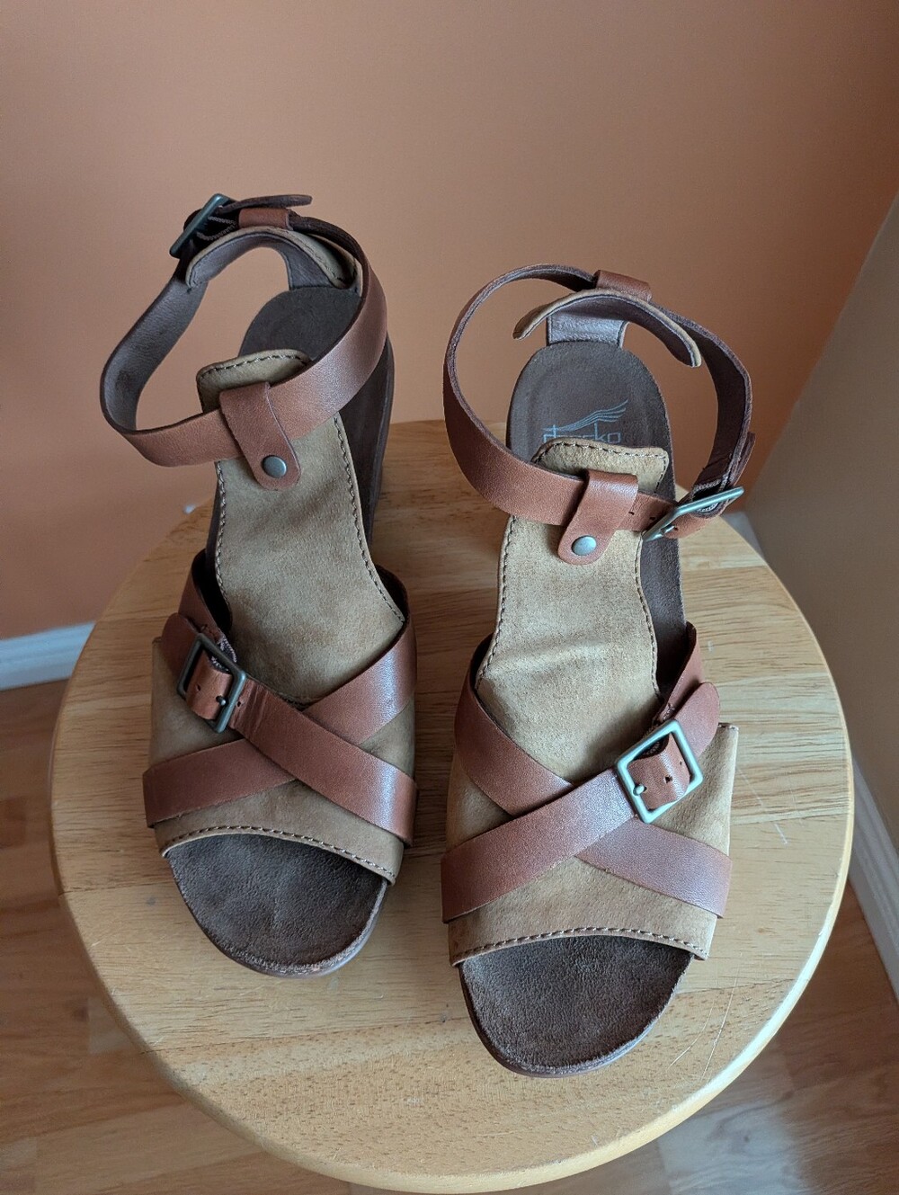 Dansko Brown Leather Crisscross Wedge Sandals